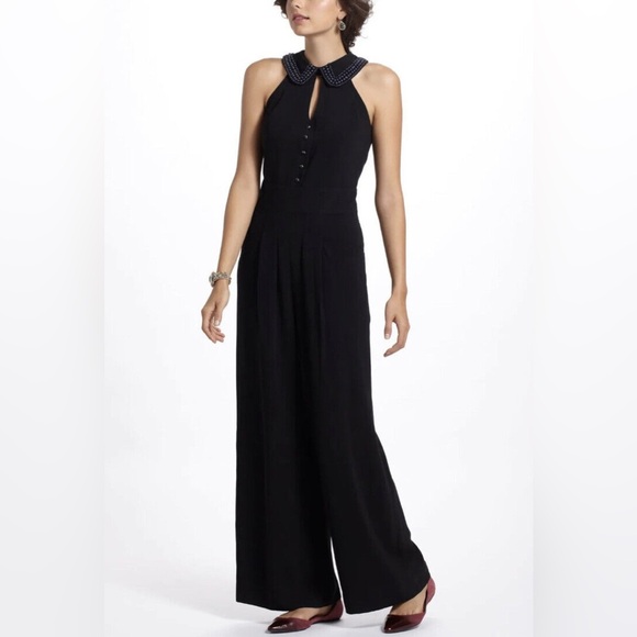 Anthropology, Elevenses Black Halter with beaded collar Jumpsuit size 2 - Picture 1 of 11